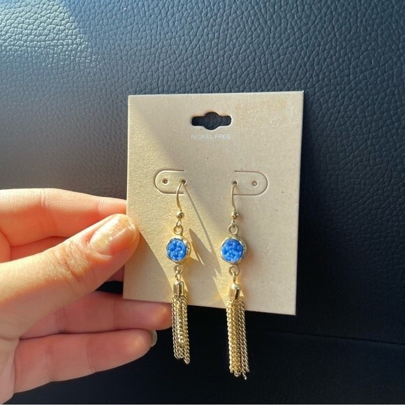 Gold and blue nickel free drop down chain earrings  2.5 inches - Picture 5 of 8